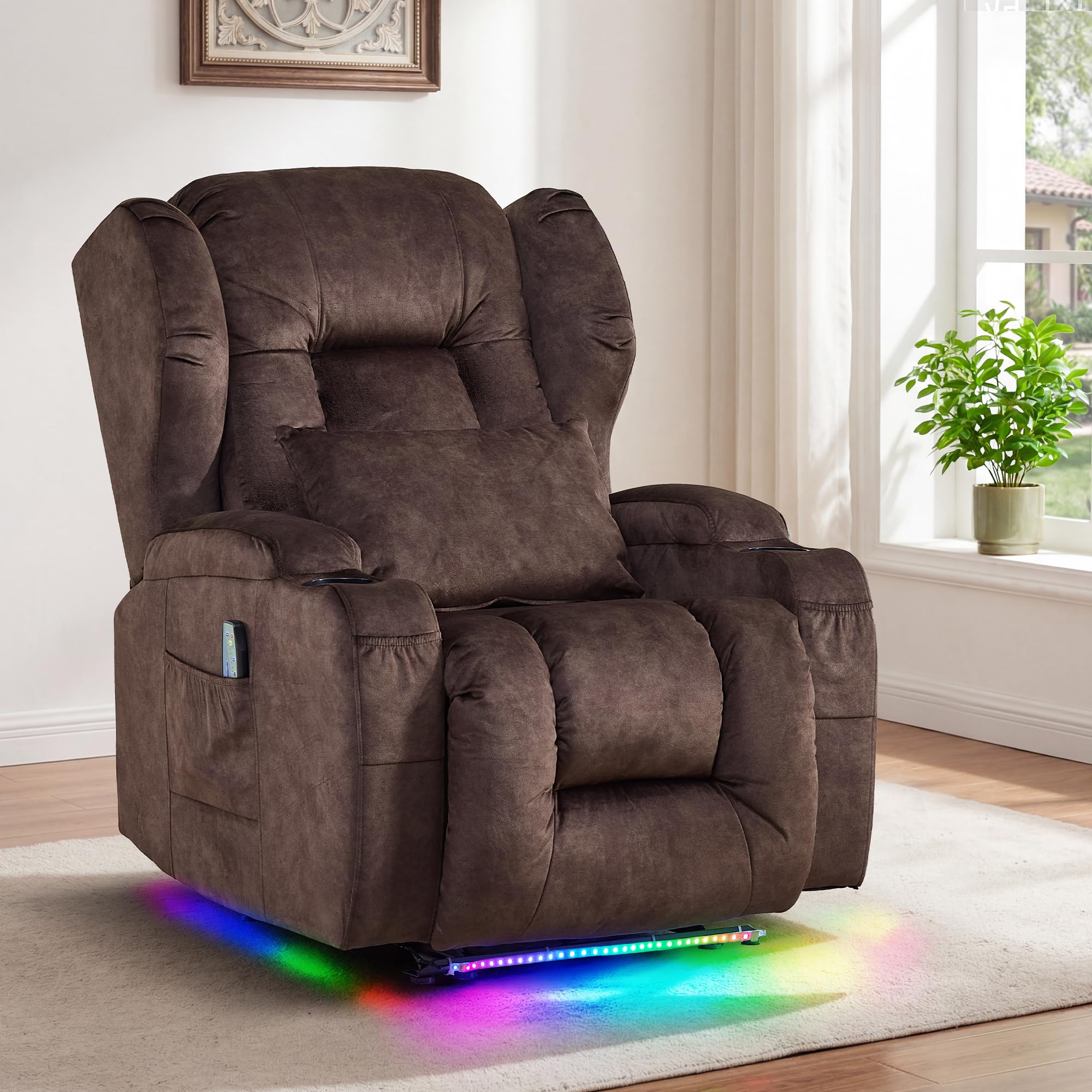 BINGTOO Electric Power Recliner Chair with Massage &amp; Heat - Ergonomic Wingback Lounge Sofa Chair for Living Room, Home Theater Seating &amp; RV with LED Light/Cup Holders/USB Ports, Velvet Brown