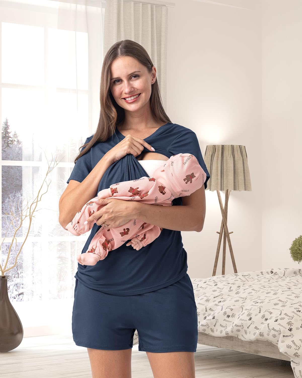 Rnxrbb 3 Piece Women's Maternity Nursing Pajamas Set V Neck Breastfeeding Pjs Sleepwear Postpartum Shorts&Pants Pockets - Image 3
