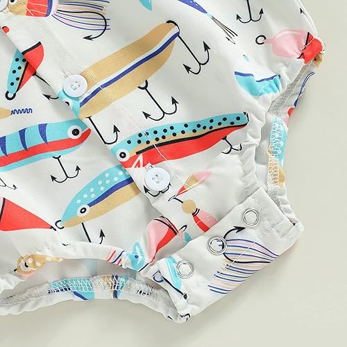Miniatura 7 de Emmababy Mameluco con estampado de peces para bebé niño manga corta solapa con botones overol con corbatín para niño pequeño