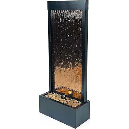 Alpine Corporation - Mirror Waterfall Fountain with Stones & Lights - Zen Indoor/Outdoor Decor for Office, Living Room, Patio, Entryway - 48 Inches (Bronze)