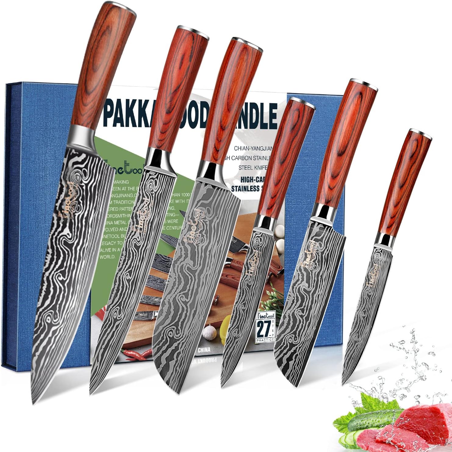 FineTool Kitchen Knife Sets, Professional Chef Knives Set Japanese 7Cr17 High Carbon Stainless Steel Vegetable Meat Cooking Knife Accessories with Red Pakkawood Handle, 6 Pieces Set Boxed Knife