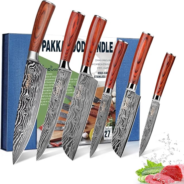 FineTool Kitchen Knife Sets, Professional Chef Knives Set Japanese 7Cr17 High Carbon Stainless Steel Vegetable Meat Cooking Knife Tools Accessories with Red Pakkawood Handle, 6 Pieces Set Boxed Knife