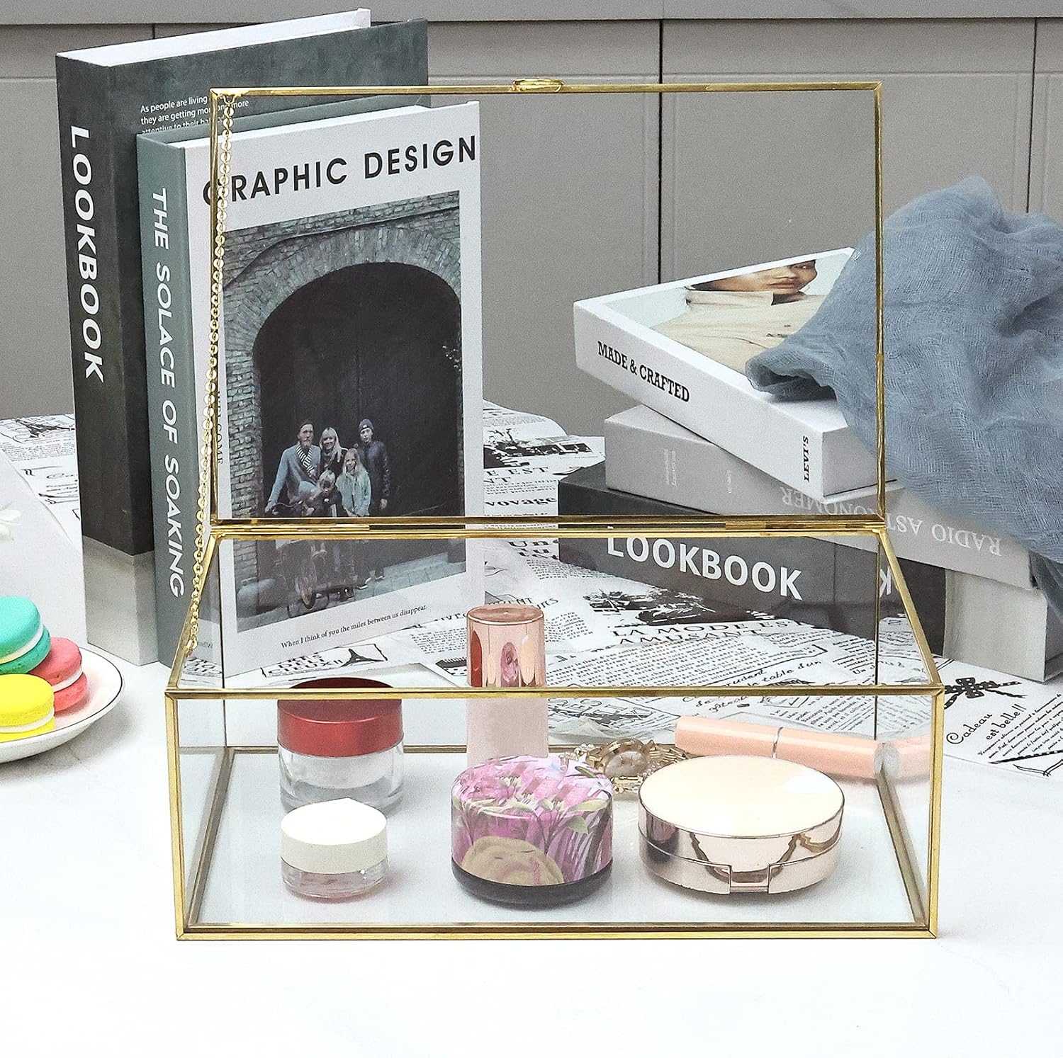 HighFree Vintage Glass Box with Lid - Clear Jewelry Glass Display Box Keepsake Box - Home Decor Decorative Box for Trinket Rings Bracelet (Gold, Large)