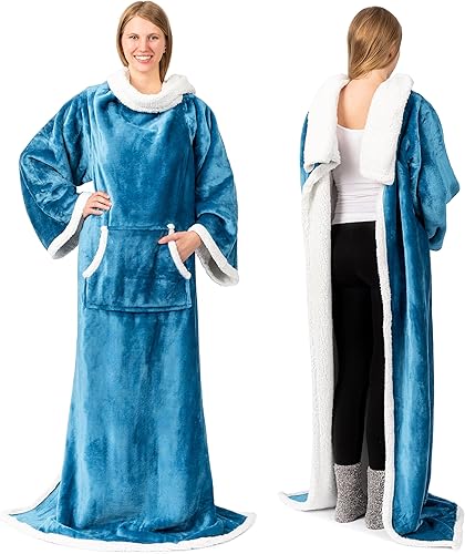Miniatura 1 de PAVILIA Manta de vellón sherpa prémium con mangas para mujeres y hombres adultos, para llevar puesta, cálida y acogedora, súper suave, mangas
