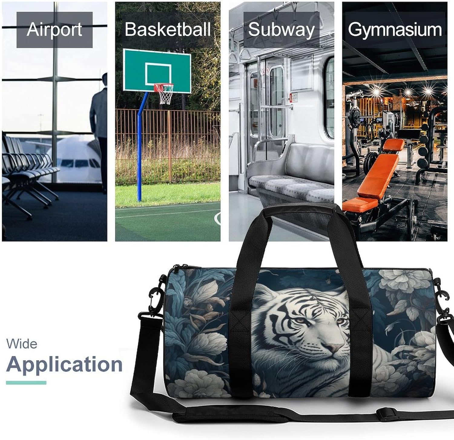 Tiger And Flowers Gym Bag Hand-held Fitness Bags Cylindrical Fitness Bag with Shoe Large Compartment Duffle Bags for Travel Sports Unisex image 3