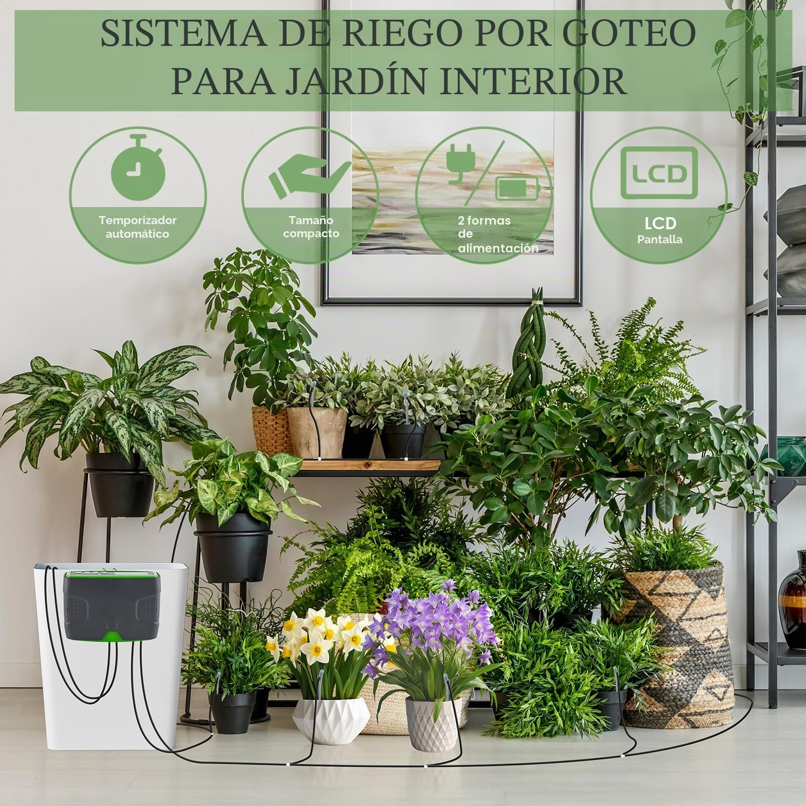 Sistema automático de riego de jardín, sincronización inteligente de doble bomba, puede regar 20 plantas, con tubería de agua de 15 m, ideal para vacaciones
