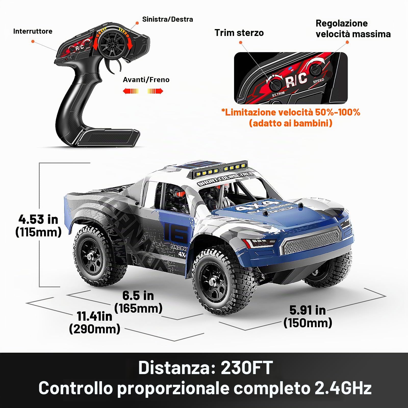 Macchina telecomandata professionale 2,4GHz,Monster Truck RC 1/16, Veicolo Fuoristrada 4WD Resistente all’Acqua con Doppie Batterie, Pneumatici Drift e Off-Road, Trasmissione in Metallo e Luci LED
