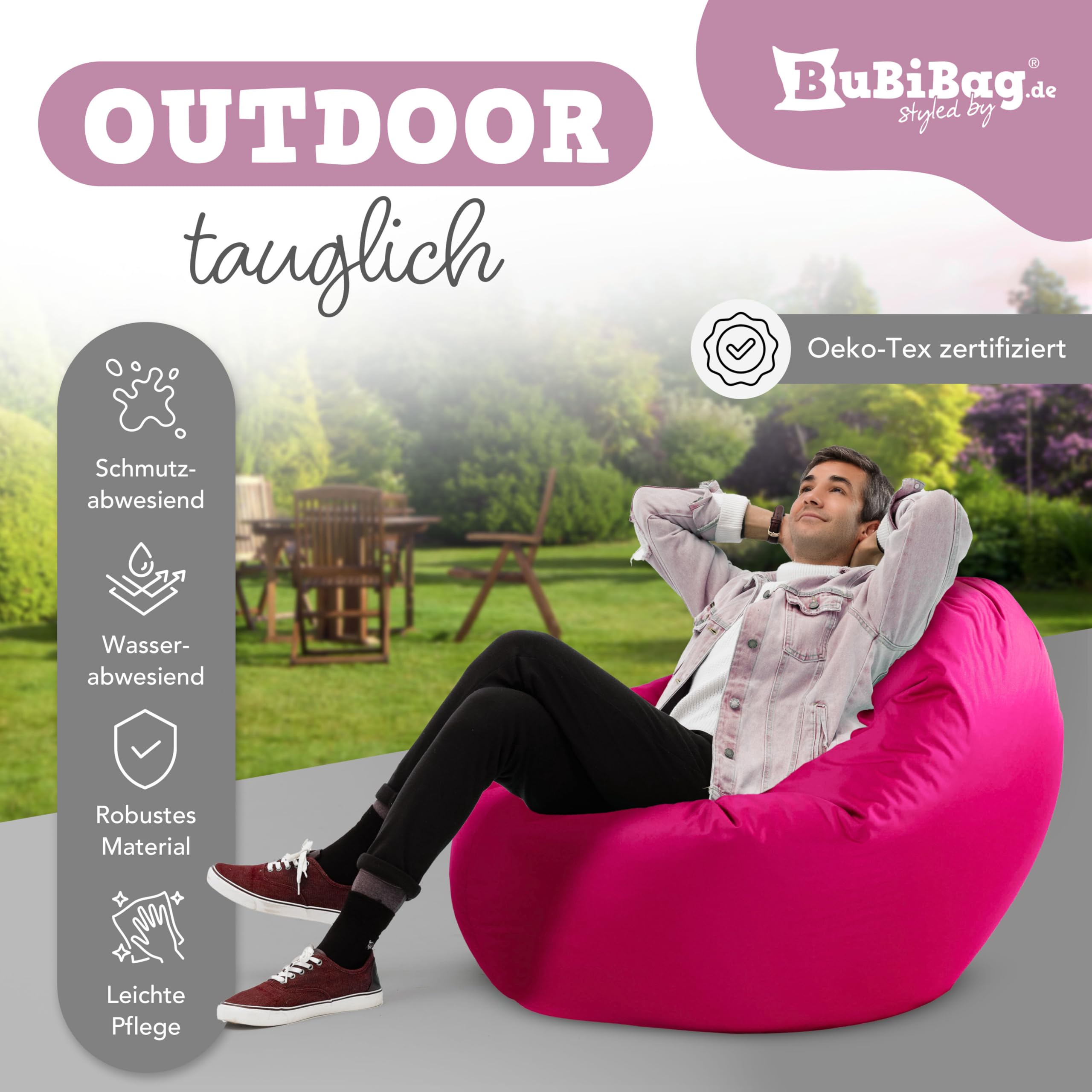 BuBiBag 2in1 Sitzsack für Kinder & Erwachsene - Farbe: Beere Ø 70cm - Indoor & Outdoor - Bodenkissen & Sessel - mit EPS-Perlen - ergonomisch & wasserabweisend