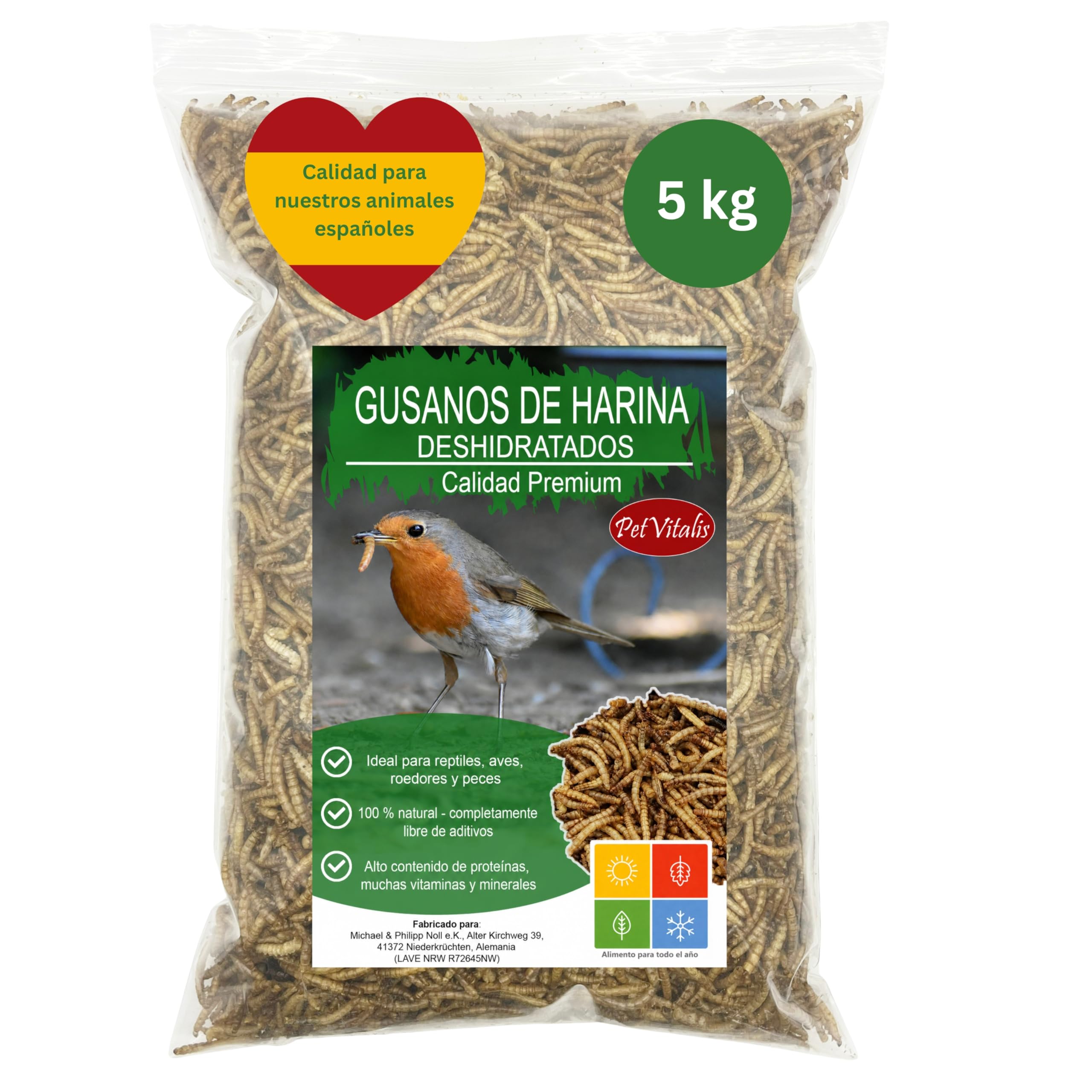 Gusanos de harina deshidratados: alimento Aves Silvestres, Snack Rico en proteínas para Peces, Reptiles y roedores, Ideal como complemento alimenticio Natural. (5 kg)