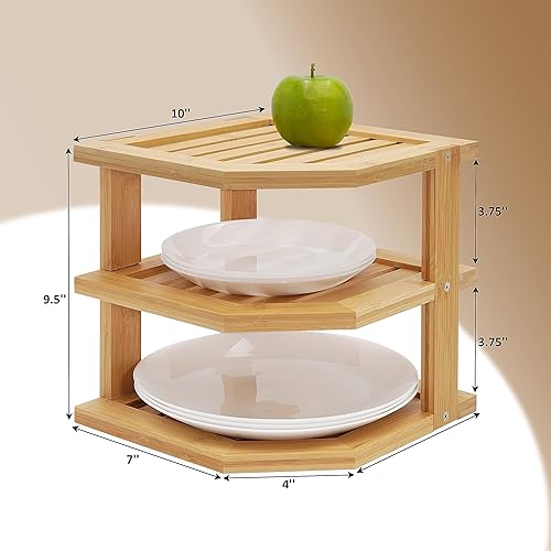 Miniatura 3 de Estante esquinero de bambú, organizador de encimera de 3 niveles, estante de almacenamiento de cocina para armarios y platos