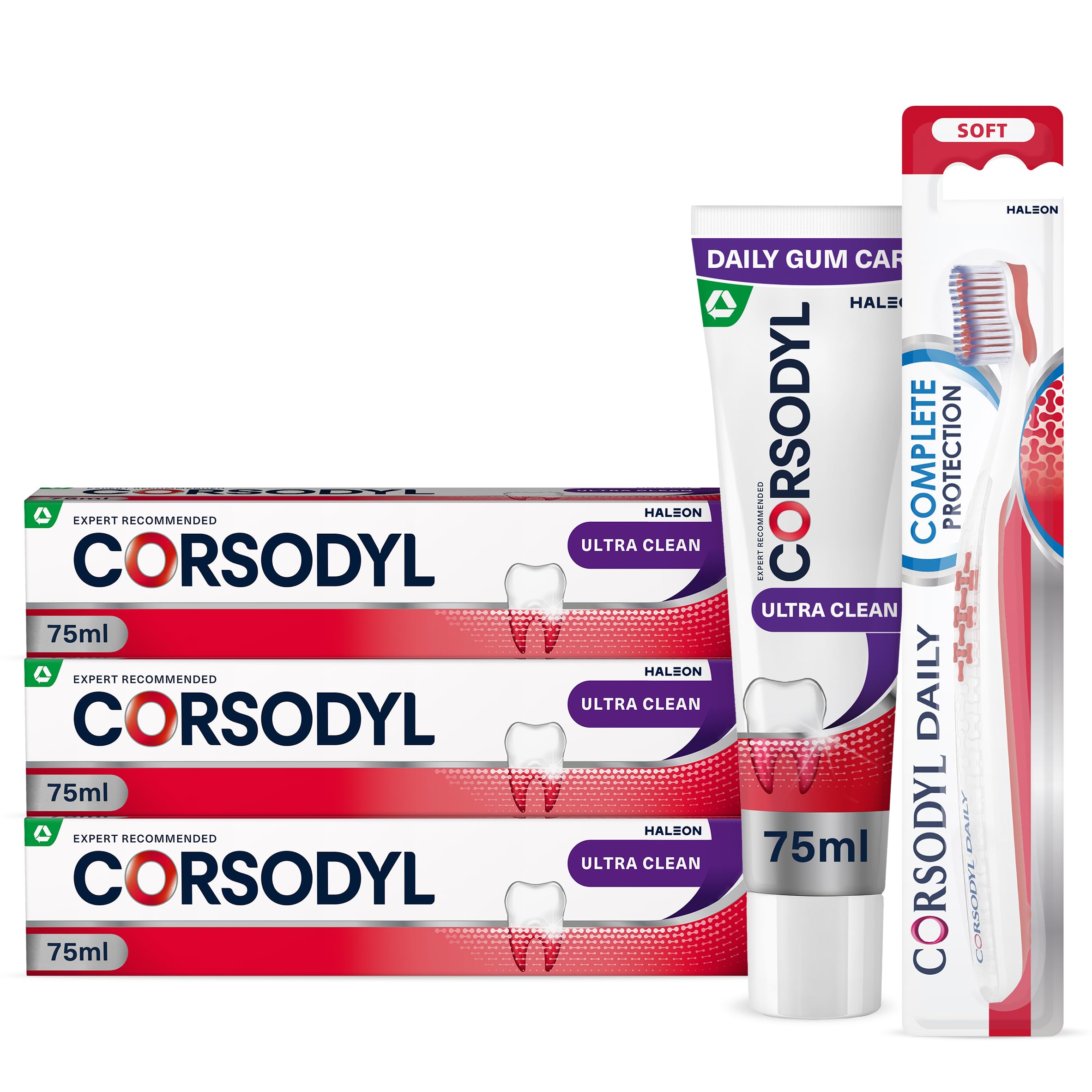 Corsodyl Gum Care Ultra Clean Toothpaste and Toothbrush Bundle: 3X Corsodyl Ultra Clean Toothpaste 75ml & 1x Daily Toothbrush Soft