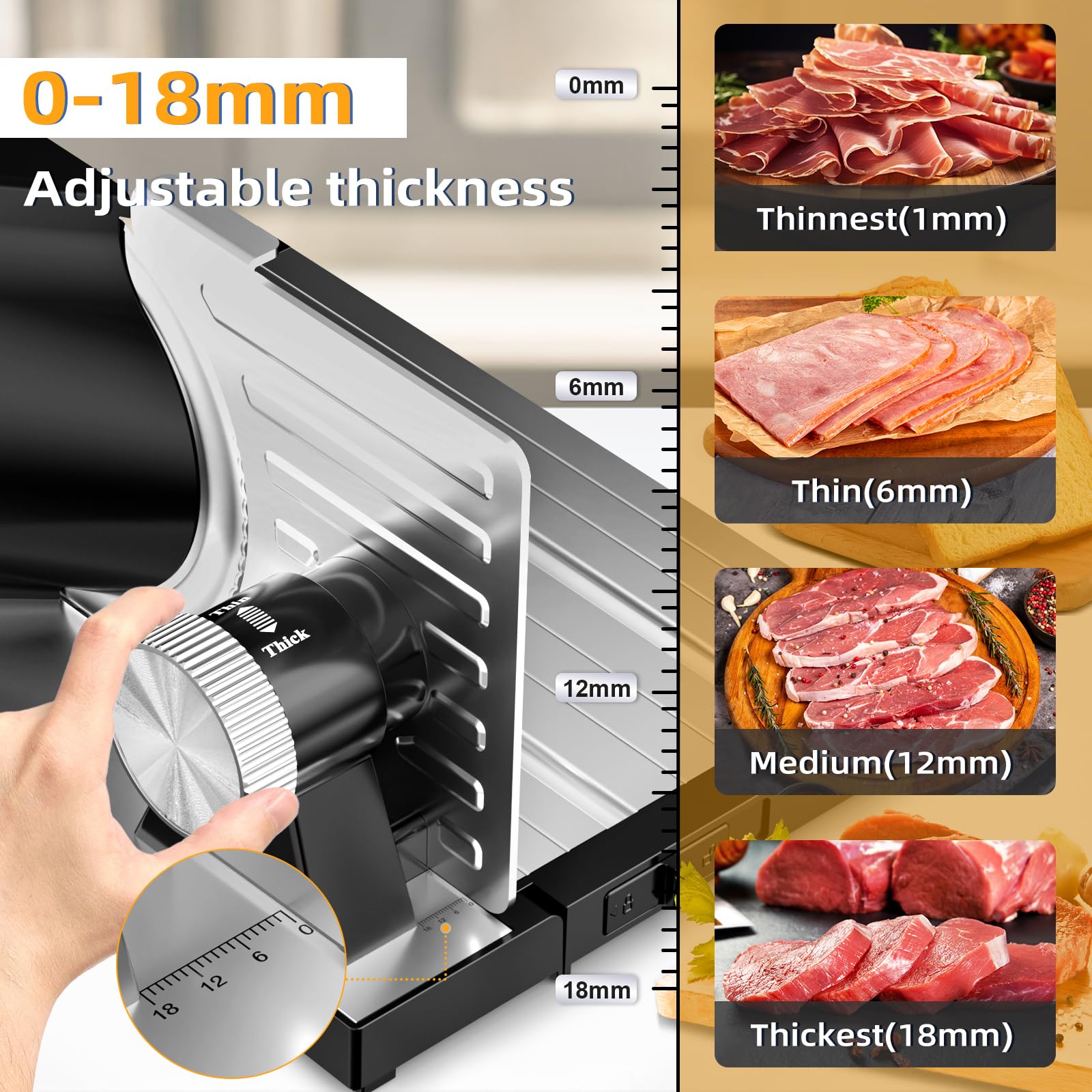 Allesschneider für Brot, Aufschnitt oder Käse,Brotschneidemaschine,einstellbar 0-18mm,platzsparend klappbar,BPA frei,mit Sicherheitsschalter,160 Watt