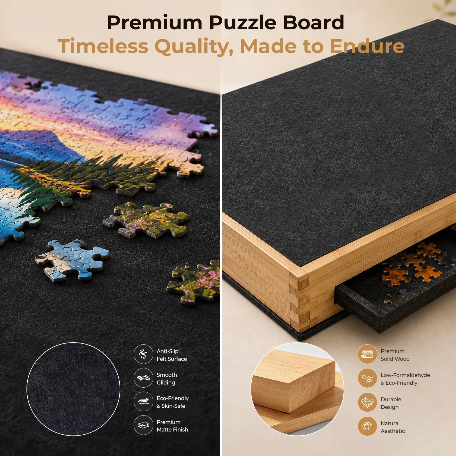 Puzzle portatile in legno e feltro, 1000 pezzi, con 3 cassetti (nero) | Tavolo puzzle con copertura protettiva in feltro, puzzle con 3 angoli di inclinazione, il regalo perfetto per adulti