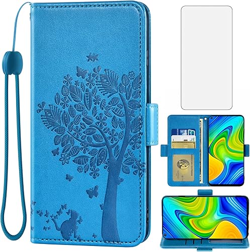 Asuwish Compatible con Xiaomi Redmi Note 9  Redmi 10X 4G Funda tipo cartera y protector de pantalla de vidrio templado con correa de muñeca con tapa