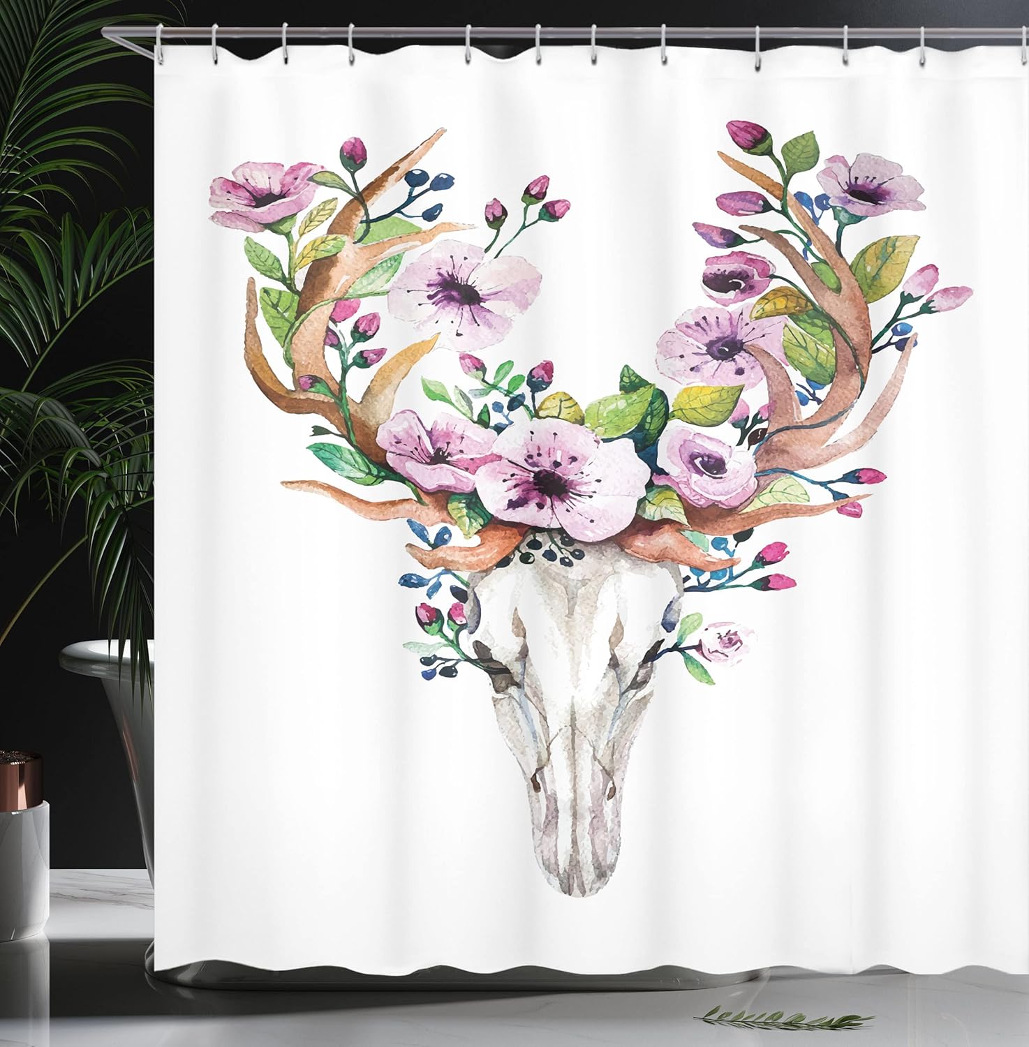 Ambesonne Skull Shower Curtain, Deer Animal Skull with Floral Horns Nature Inspired Dead and Living Art Print, Cloth Fabric Bathroom Decor Set with Hooks, 69" W x 75" L, Brown Purple