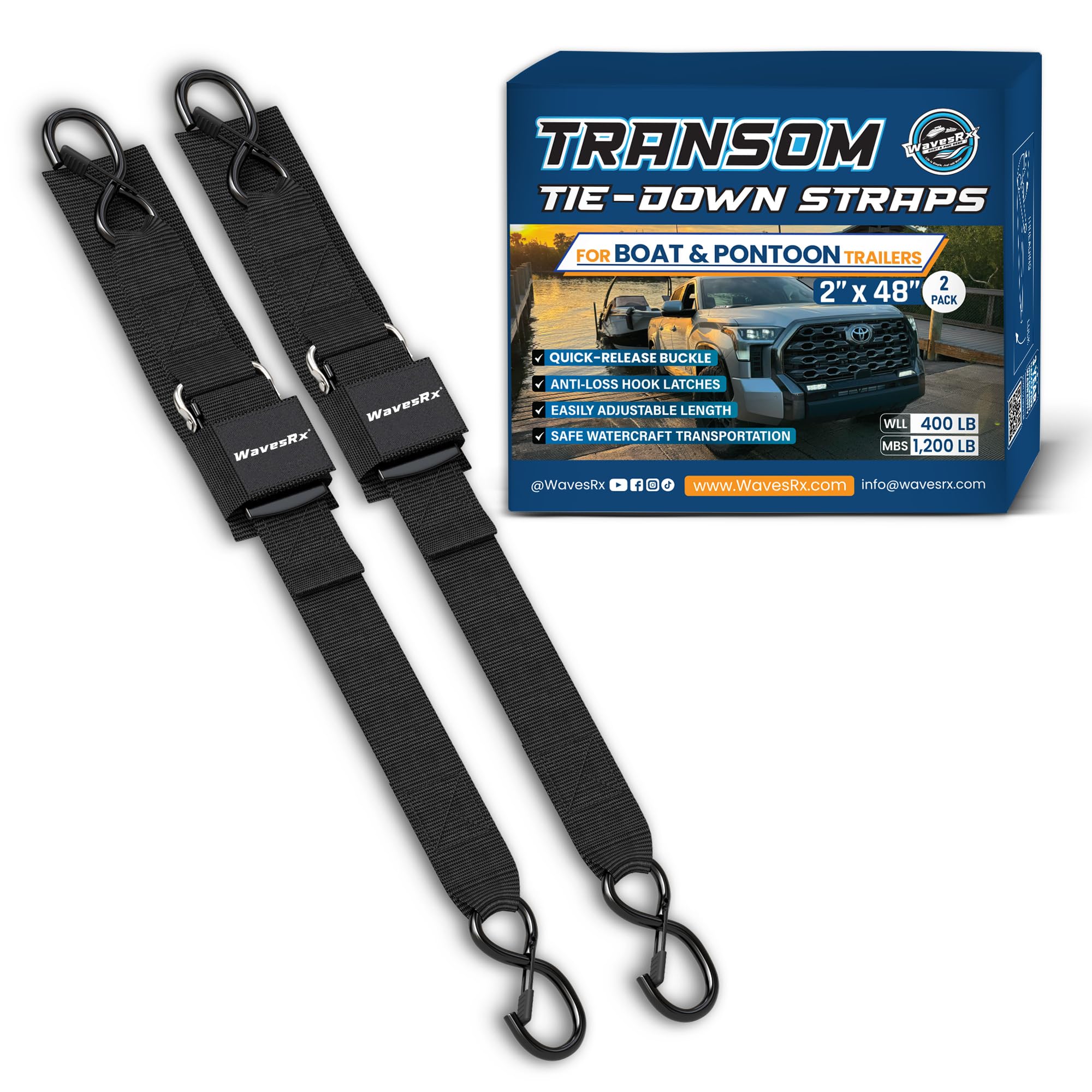 Pontoon &amp; Boat Trailer Transom Straps (2PK) - 48" Tie Down Adjustable Boat Strap for Trailer - Outperforms Ratchet &amp; Retractable Tie-Down Strap - Transom Tiedowns for Secure Transportation