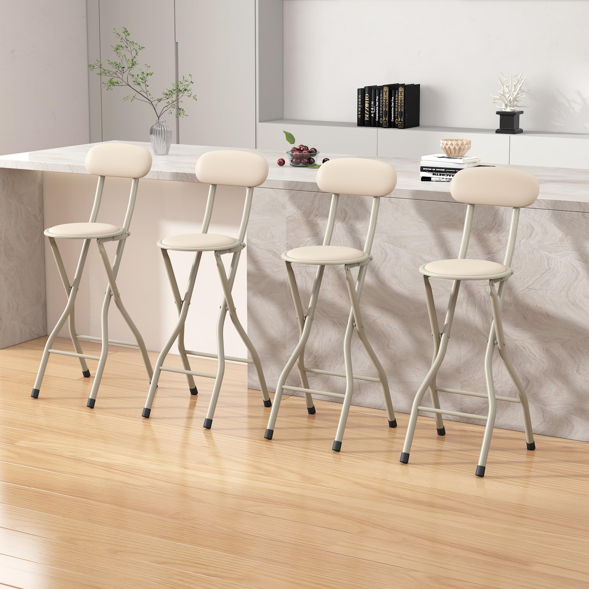 mcc direct Set di 4 sgabelli da bar pieghevoli per bancone della colazione, cucina e ristorante, sedie pieghevoli in ecopelle con struttura in metallo, sedie alte imbottite (beige)