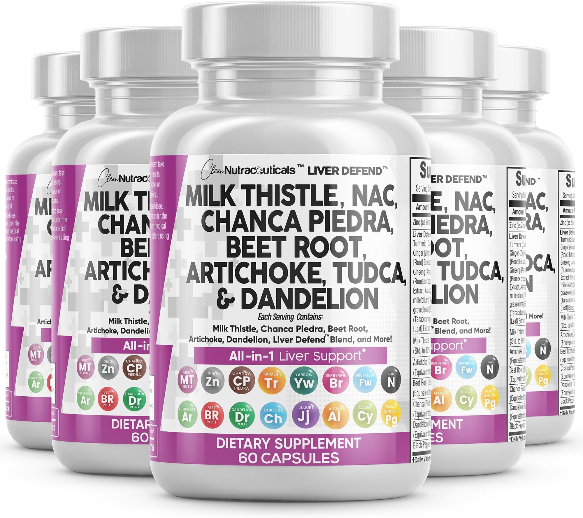 Clean Nutraceuticals Milk Thistle NAC Chanca Piedra Beet Root Artichoke Dandelion Root - Liver Cleanse Detox & Repair Supplement Plus TUDCA Choline & Ginger - 5Pack