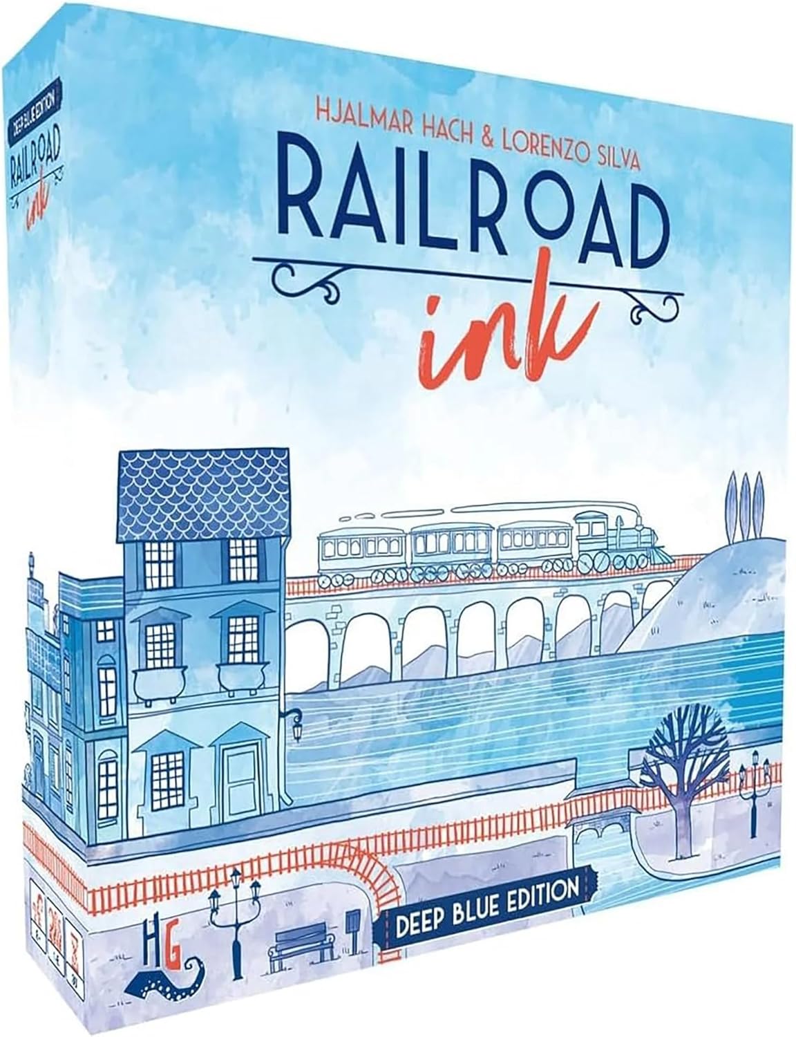 Horrible Guild Railroad Ink: Deep Blue Edition - Roll Dice and Draw Railways and Routes, 7 Rounds to Expand Your Rail Map - Expansion Dice Included Ages 8 & Up (Packaging may vary)