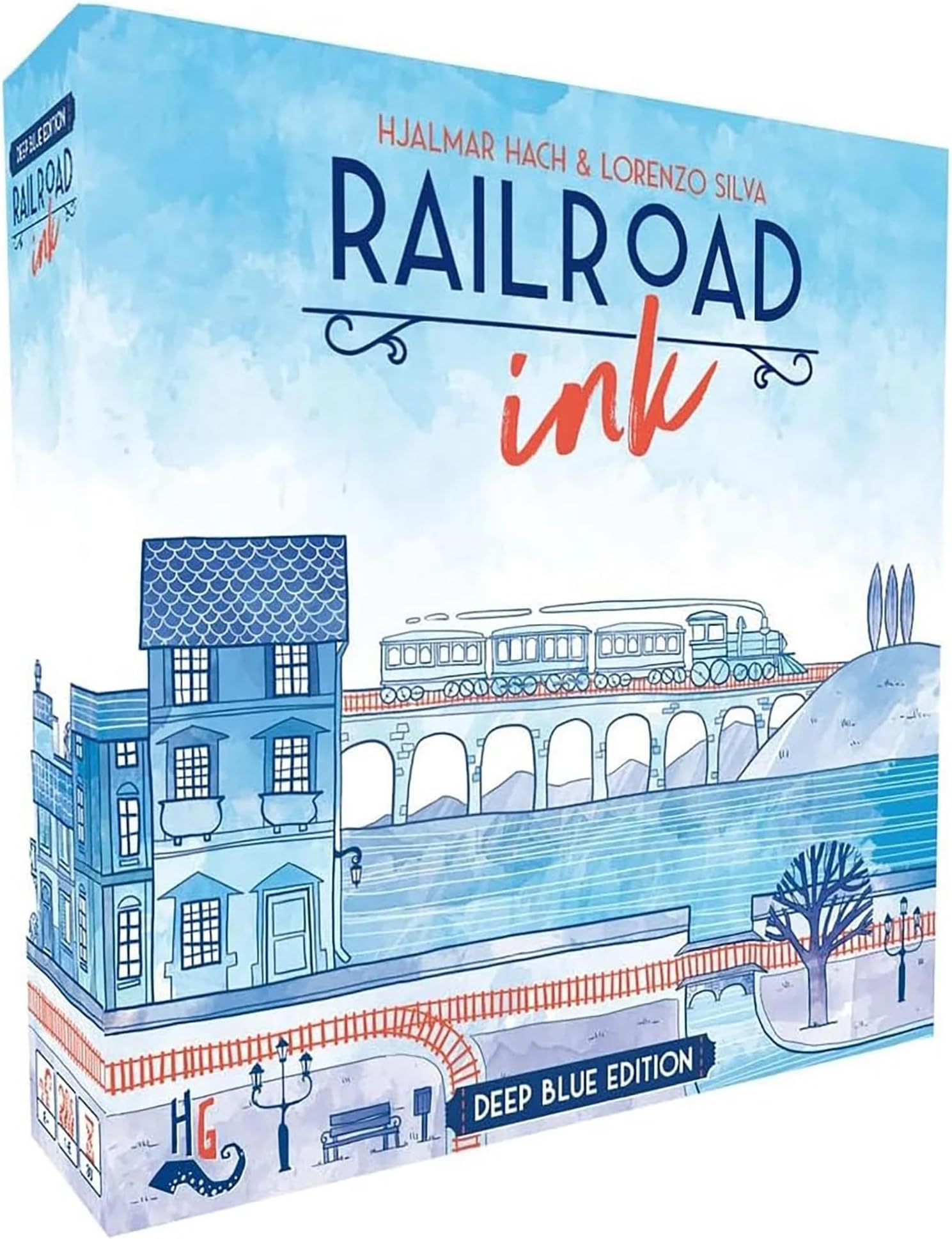 Horrible Guild Railroad Ink: Deep Blue Edition - Roll Dice and Draw Railways and Routes, 7 Rounds to Expand Your Rail Map - Expansion Dice Included Ages 8 & Up (Packaging may vary)
