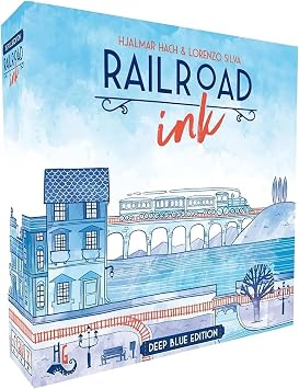 Horrible Guild Railroad Ink Deep Blue Edition - Roll Dice and Draw Railways and Routes, 7 Rounds to Expand Your Rail Map - Expansion Dice Included Ages 8 & Up Packaging may vary