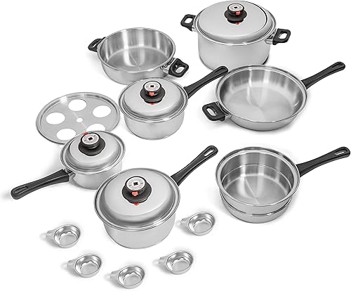 Juego de 17 utensilios de cocina Maxam KT17 de 9 elementos - Con válvula de control de vapor para cocinar sin agua - Acero inoxidable quirúrgico con