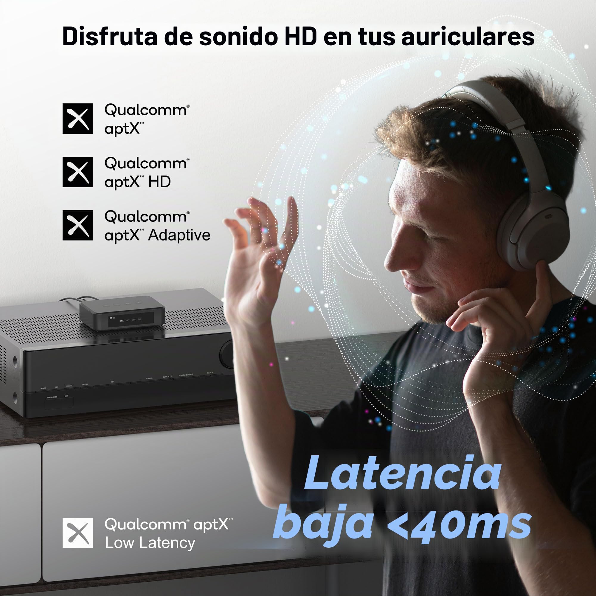 Transmisor y preamplificador Bluetooth Acrylic BT10, compatible con aptX HD y aptX, adaptador de audio para TV y PC con app y mando a distancia