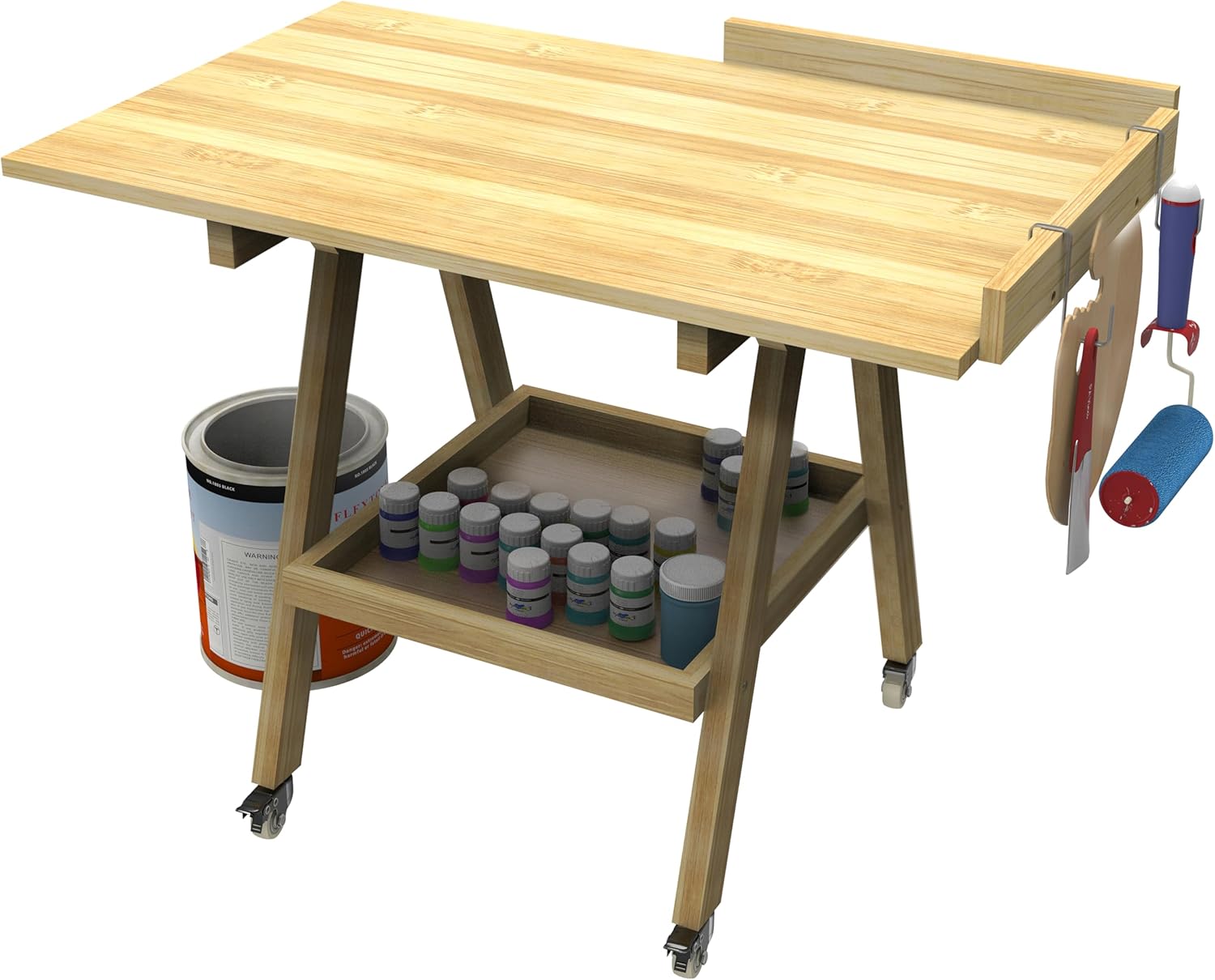 Rolling Artist Taboret and Workbench - Art Supplies Craft Organizer Cart for Studio and Gallery (Bamboo)