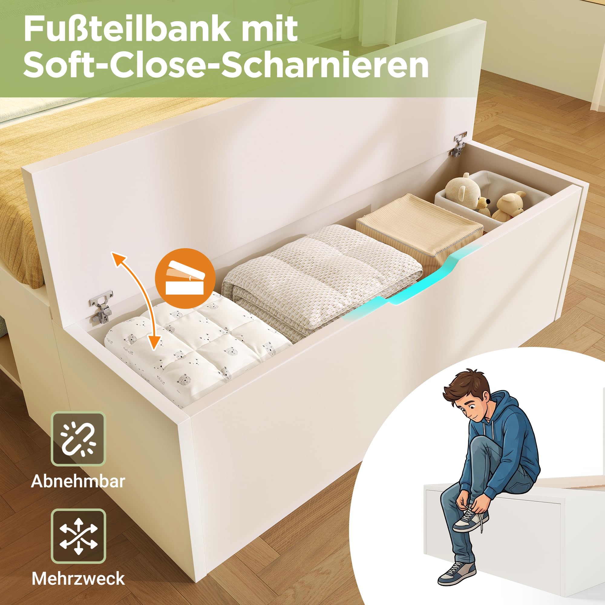 Gecheer Letto Singolo con Contenitore, Struttura in Legno con Luci LED, Porte USB, Cassetti, Panca, Ripiani, Rete a Doghe, 90x200 cm, Bianco, per Cameretta Bambini e Ragazzi