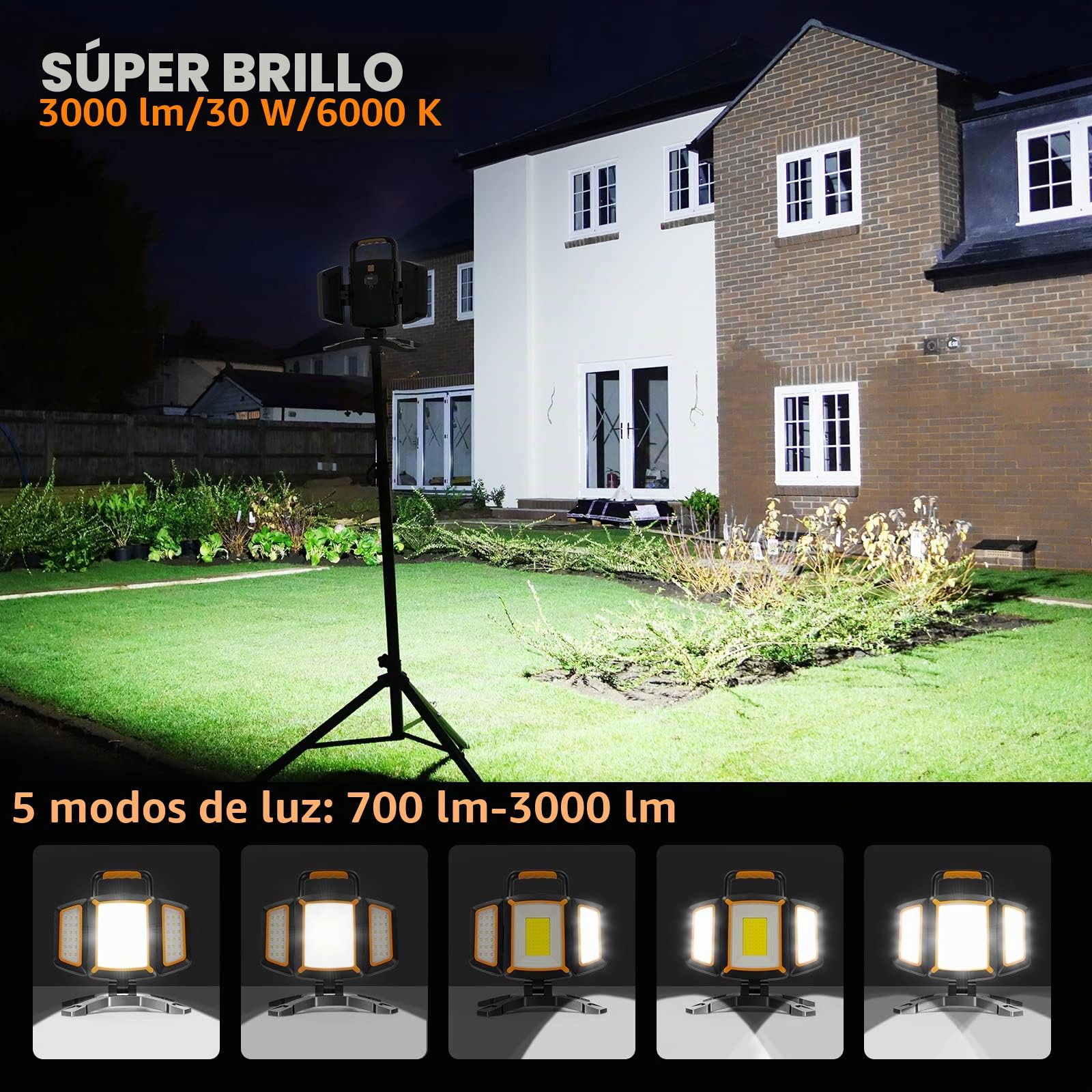 SYLSTAR Foco LED Recargable 30W, 3000LM Foco LED Bateria con Imán, 5 Modos Focos Portatil y Función Powerbank, Plegable y Trabajo, Impermeable para Obra Taller Camping Garaje Pesca Emergencia