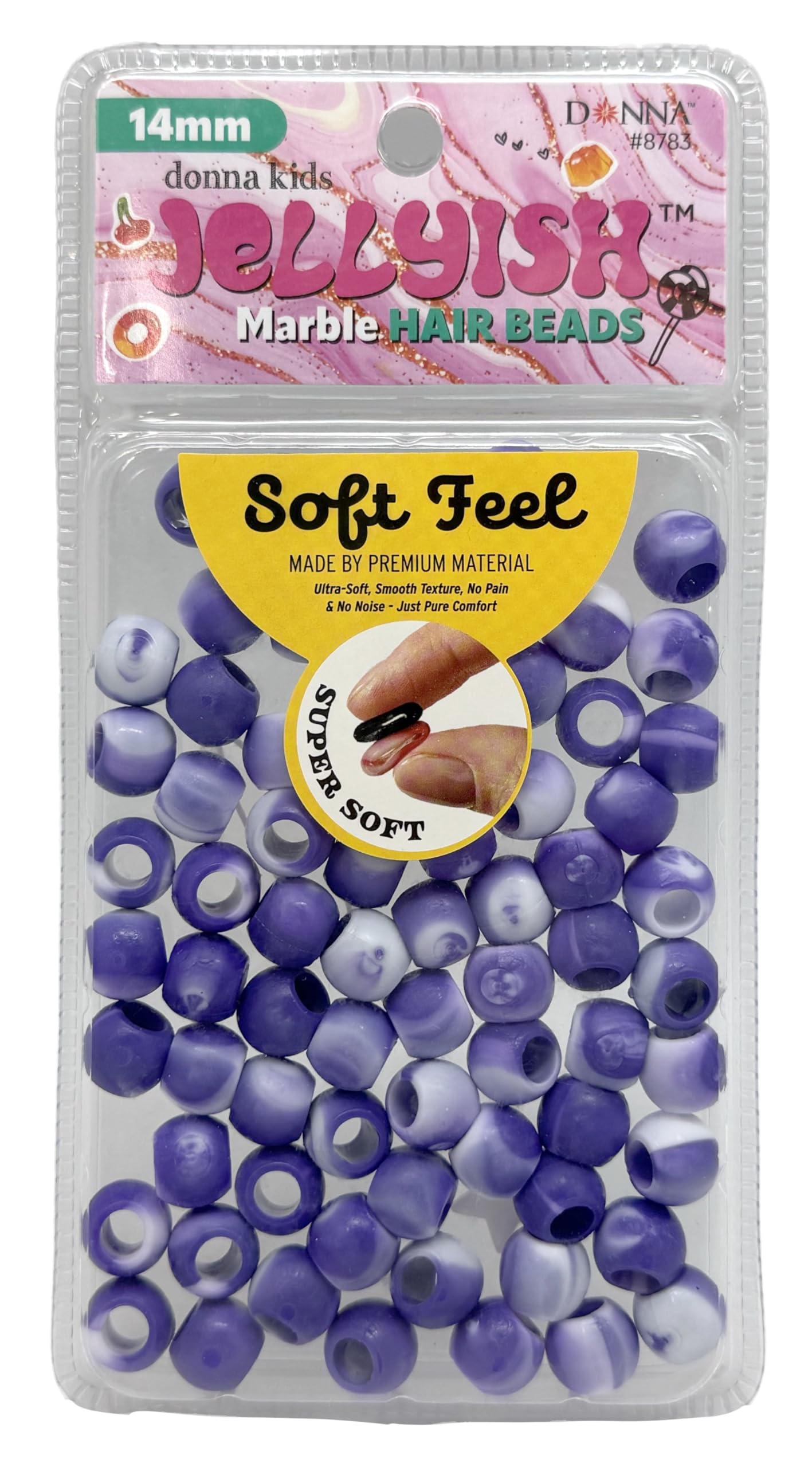 Donna Kids Jellyish Marble Hair Beads – 14mm Soft Silicone Bead with Threading Tool – Pain-Free, Noiseless Beads for Braids & Ponytails – Tangle-Free Design (Purple)