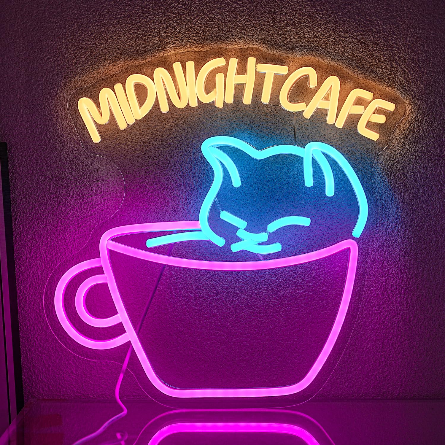 LMSIGNLY Midnight Cafe Neon Sign for Wall Decor Cute Cat Neon Light Dinmmable Cafe Neon Signs Pink Coffee Cup LED Neon Light Signs for Coffee Shop Bakery Dessert Shop Bar Restaurant