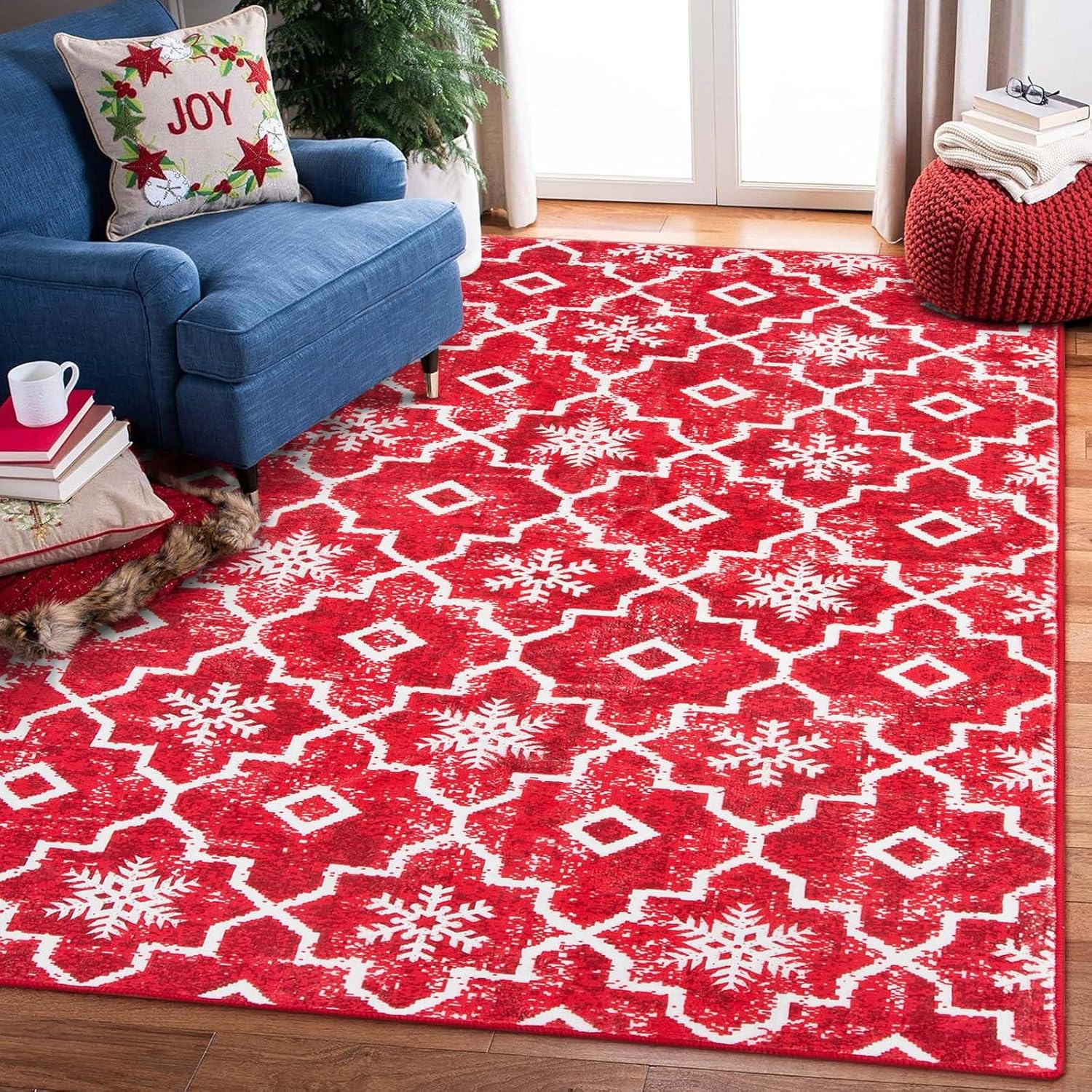 Wonnitar Christmas 3x5 Area Rug,Washable Snowflake Red Rugs
