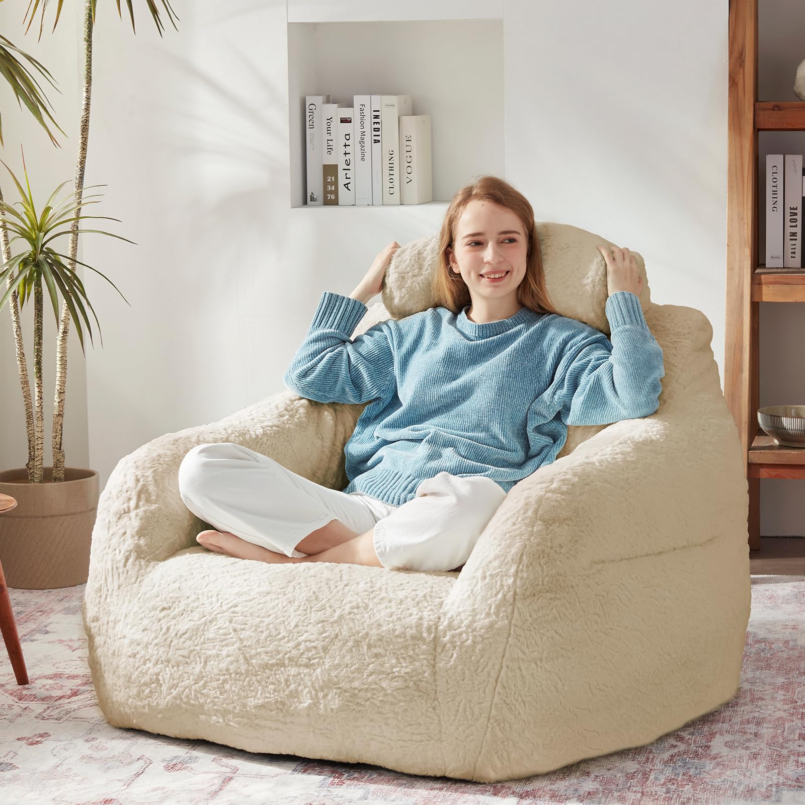 Giant Bean Bag Chairs for Adults with Filling Comfy Large Bean Bag Sofa Chair with Armrest Plush Soft BeanBag Lazy Couch Sofa Chairs Lounge Chairs Indoor with Pillow for Bedroom Living Room, Apricot