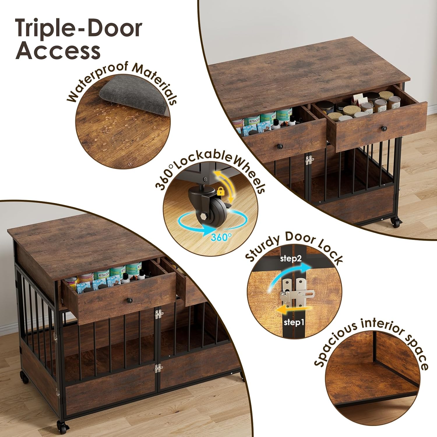 44.5" Dog Crate Furniture, Wooden Dog Kennel with Storage Drawers, Large Dog Cage with Wheels, Heavy Duty Wooden Dog Crate End Table with Steel Tubes for Big Breed
