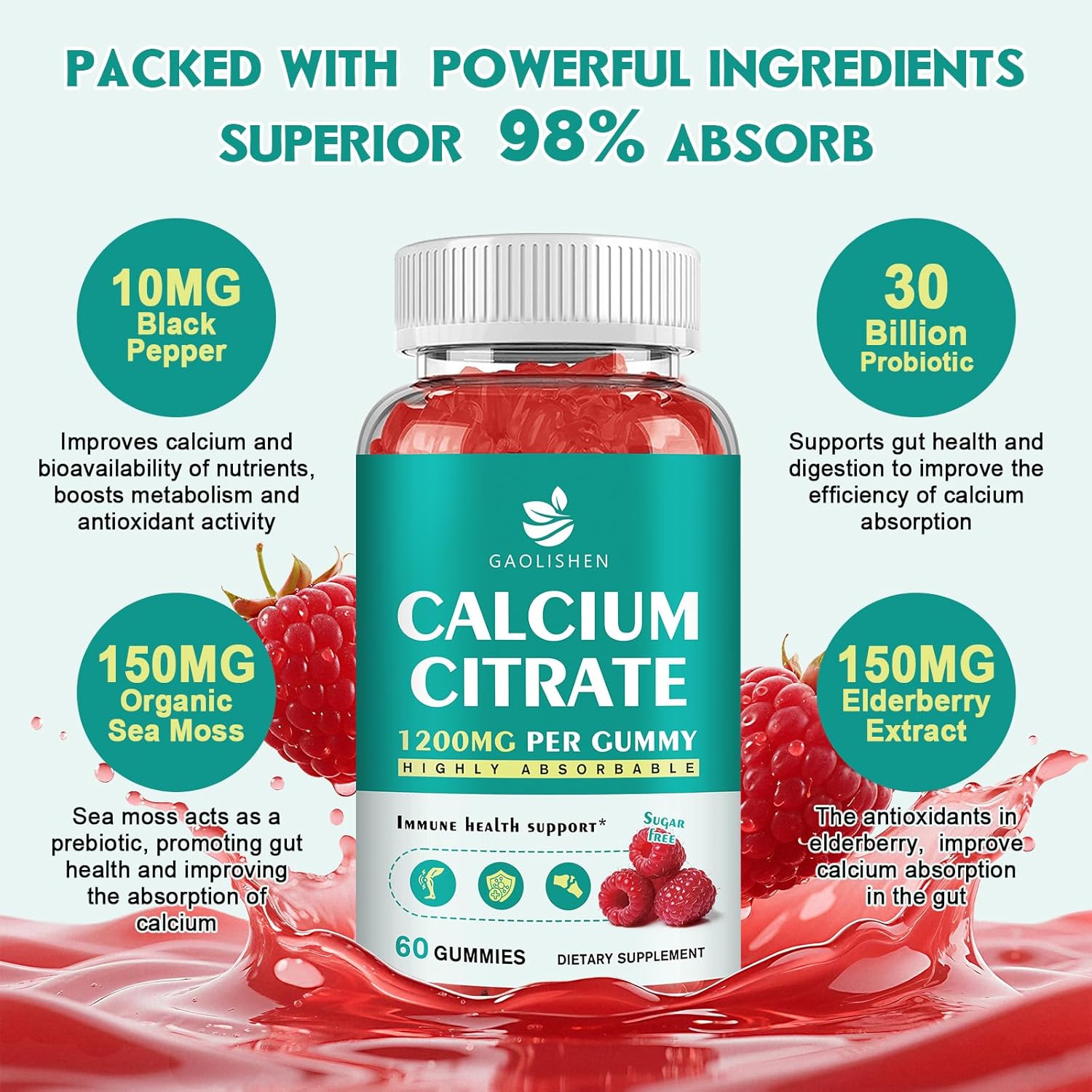 Sugar Free Calcium Citrate 1200mg with Vitamin D3 Supplements Gummies, Calcium Gummies with Vitamin D3, K2 for Women & Men, Raspberry Flavor, 60 Day Supply