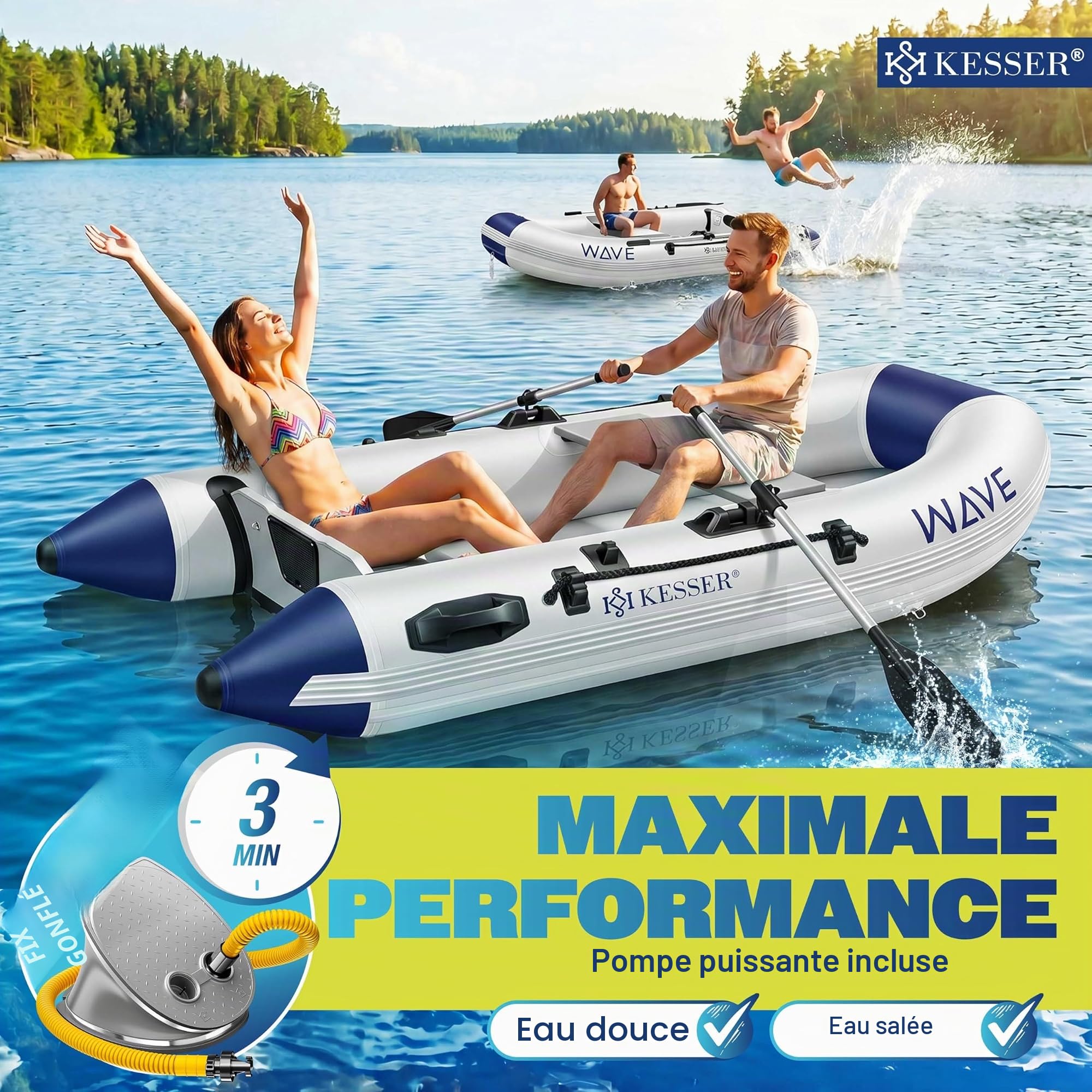 KESSER® Wave Canot pneumatique 230-320 cm Set 6 pièces gonflable – Bateau + banc, pompe à air, pagaie, kit de réparation, sac, bateau de pêche, bateau à pagaie petit et grand - Combinaison moteur