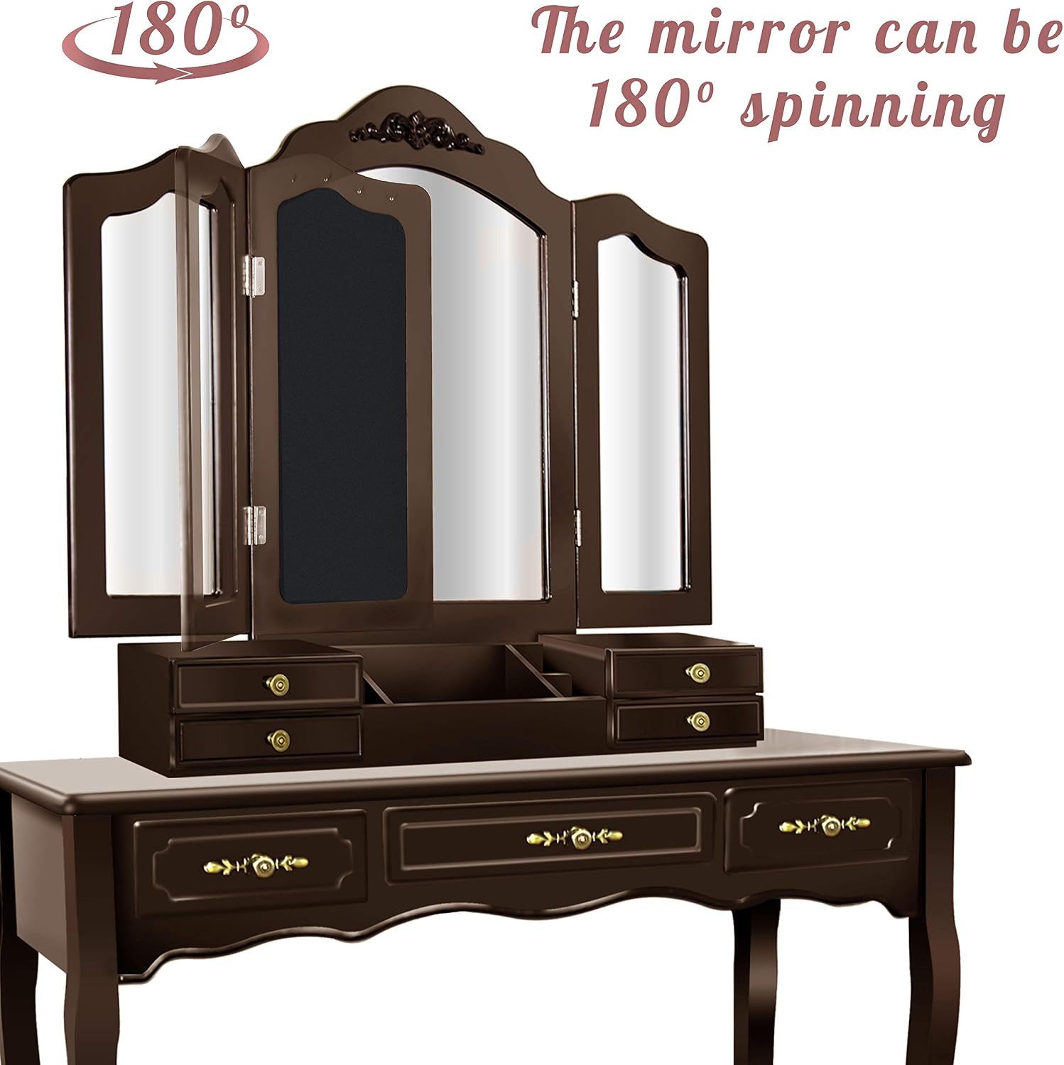 SCYL Color Your Life Tri Folding Mirror Vanity Table Set, Dressing Table with Cushioned Stool& 7 Storage Drawers Wood Furniture(Brown)