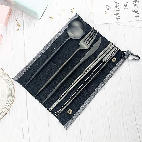 Miniatura 2 de JASHII Utensilios portátiles, juego de cubiertos de viaje y campamento, 7 piezas de cubiertos de acero inoxidable 304, incluye cuchillo, tenedor,