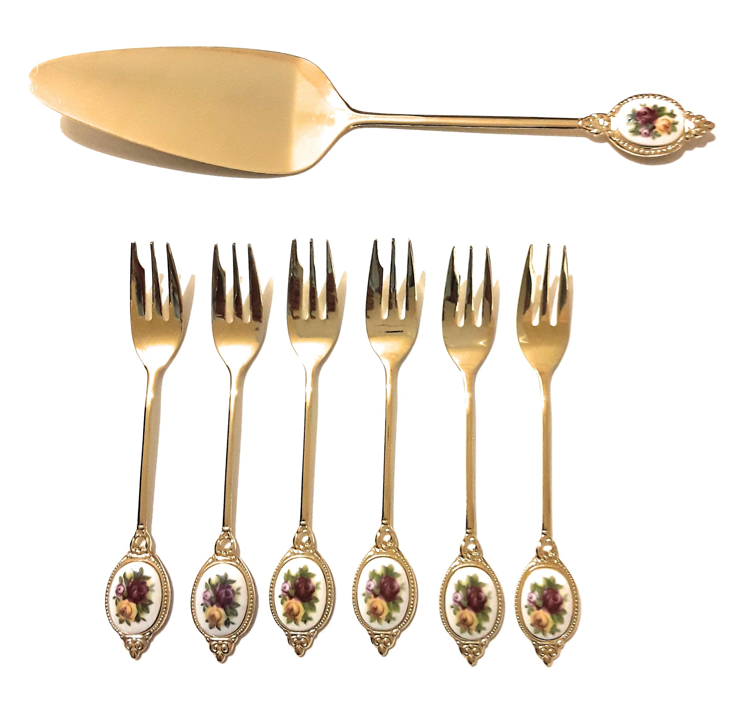Royal Albert Old Country Roses 6 Cake Forks & Server