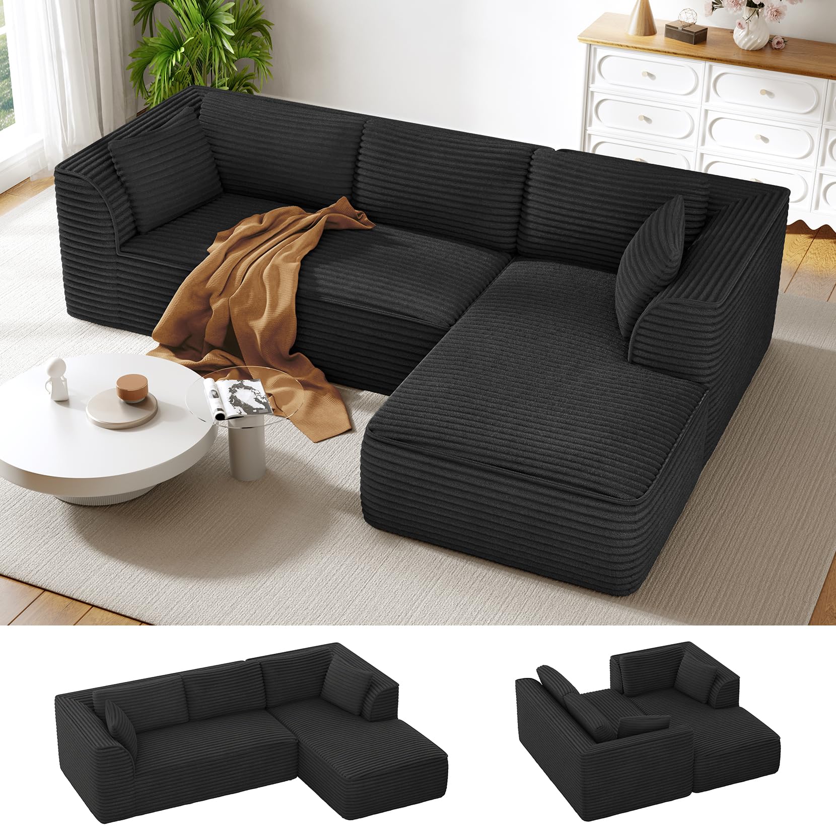 Vesgantti 106" Modular Sectional Sofa with Chaise, Deep Seat Comfy Cloud Couch Corduroy L Shaped Sofa Sectional Couches for Living Room Bedroom, No