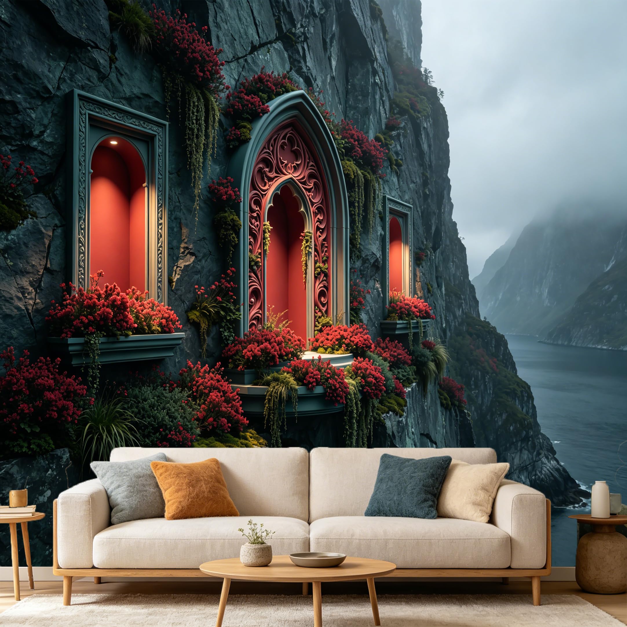 Custom Size Wall Mural， 3D Gothic Cliff Archway Floral Botanical Landscape， SelfAdhesive Art Prints wall Fabric Removable Large Wallpaper Home Living Room Decor