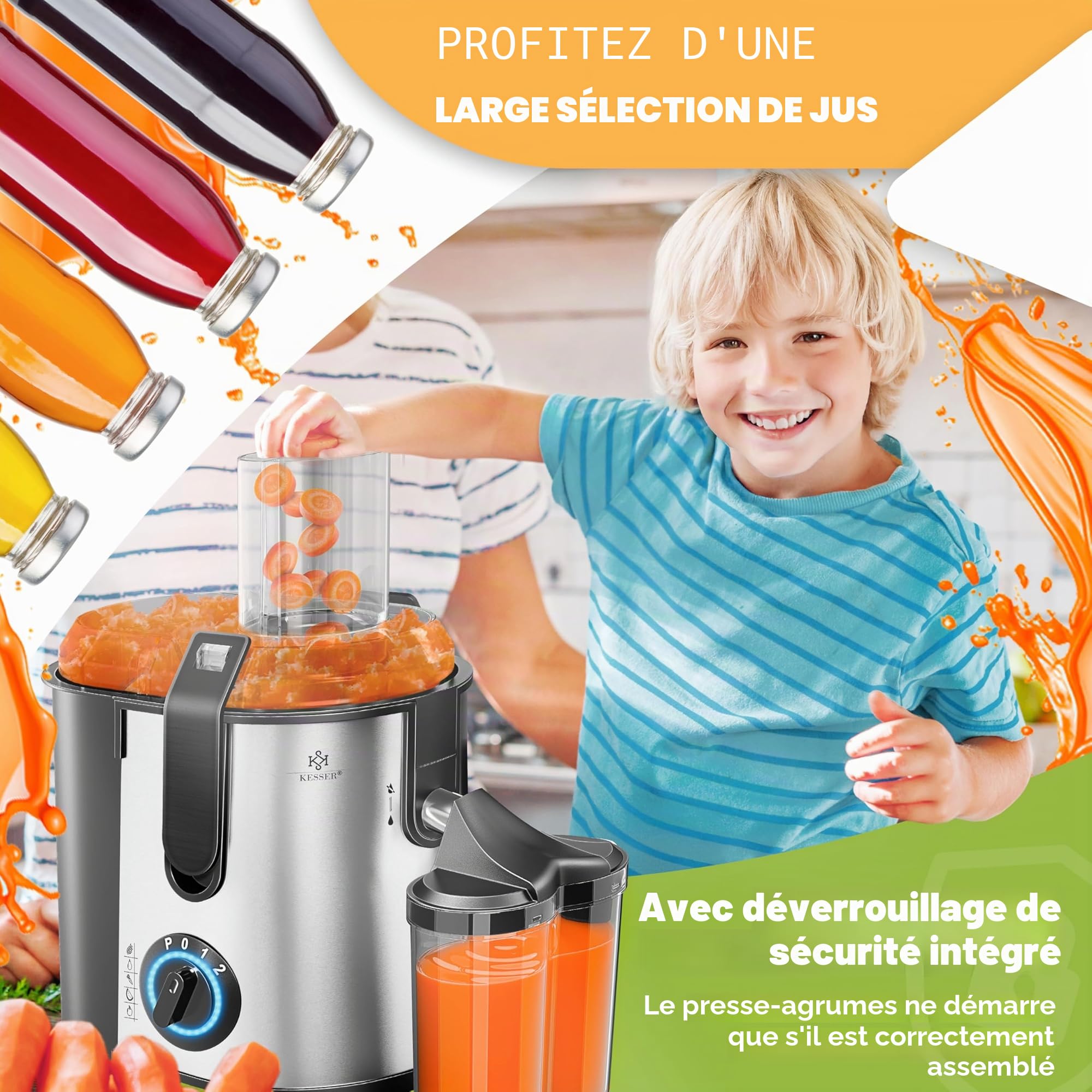 KESSER - Centrifugeuse en Inox Fruits et légumes 1100W, Extracteur de jus, Capacité 1L, Ouverture 85mm