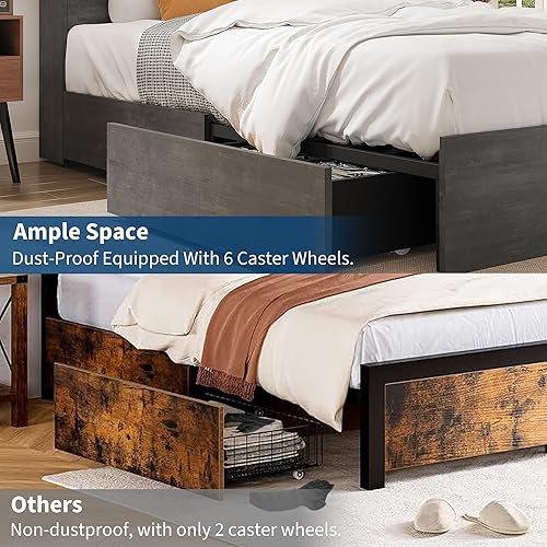 Miniatura 8 de GarveeHome Base de cama de tamaño matrimonial con cabecera de estantería de alto almacenamiento, marco de cama de madera con 4 cajones de