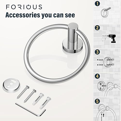 Vista 21 de FORIOUS Toallero de acero inoxidable SUS304, moderno soporte para toallas de mano, redondo para baño, montaje en pared, ideal para baño, cocina