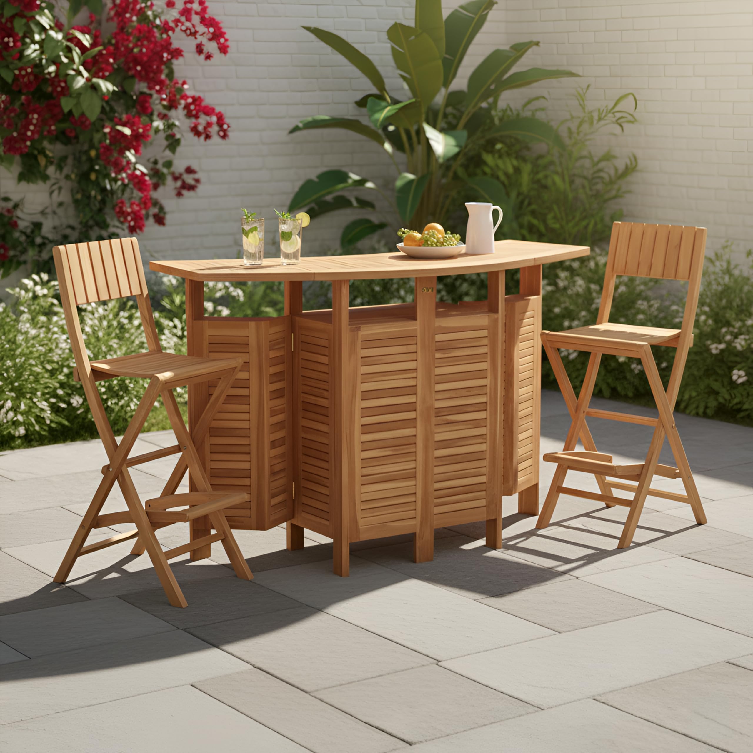 AXI Bruno Ensemble De Bar en Bois De Teck avec 2 Tabourets | Set De Jardin Pliable avec Espace De Rangement | Table De Bar avec Tabourets | Ensemble De Meubles pour L'Extérieur