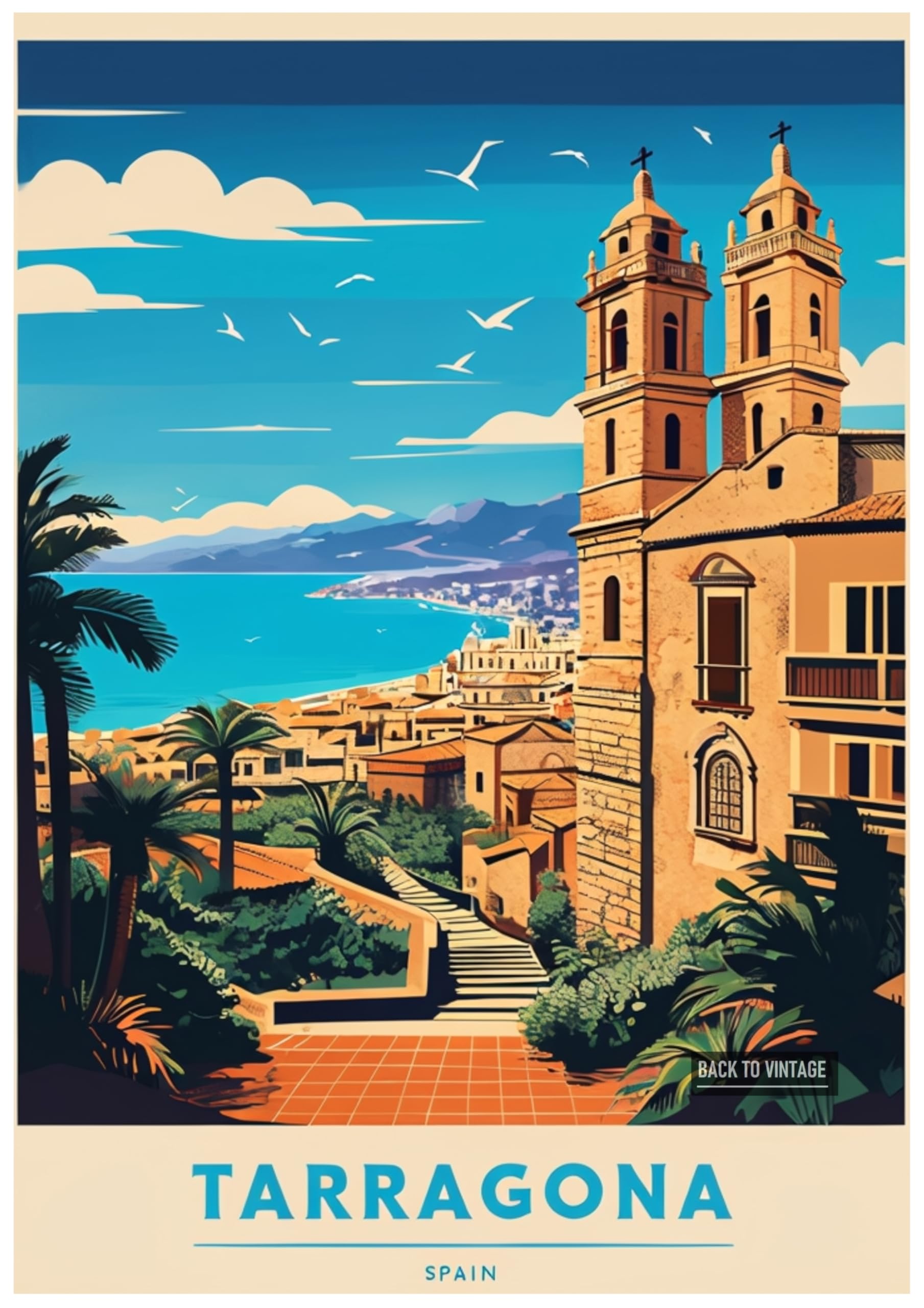 Back To Vintage Multicoloured Vibrant Vintage Travel Poster Illustration Of Tarragona Spain - Retro Europe Travel Poster A4 Size Vintage Wall Art Print Of Famous European Destinations Ideal For Home Or Office Decor