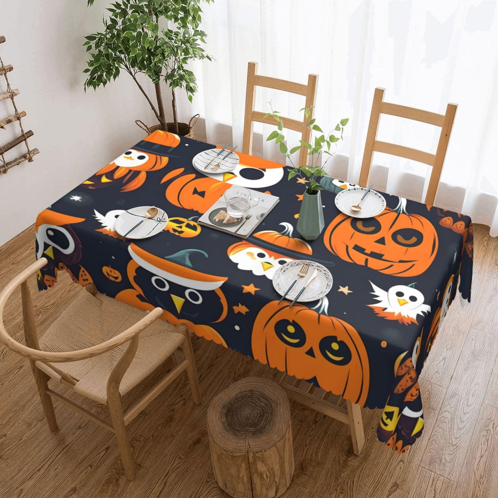 Nappe rectangulaire imprimé chouette et citrouille en tissu pour repas