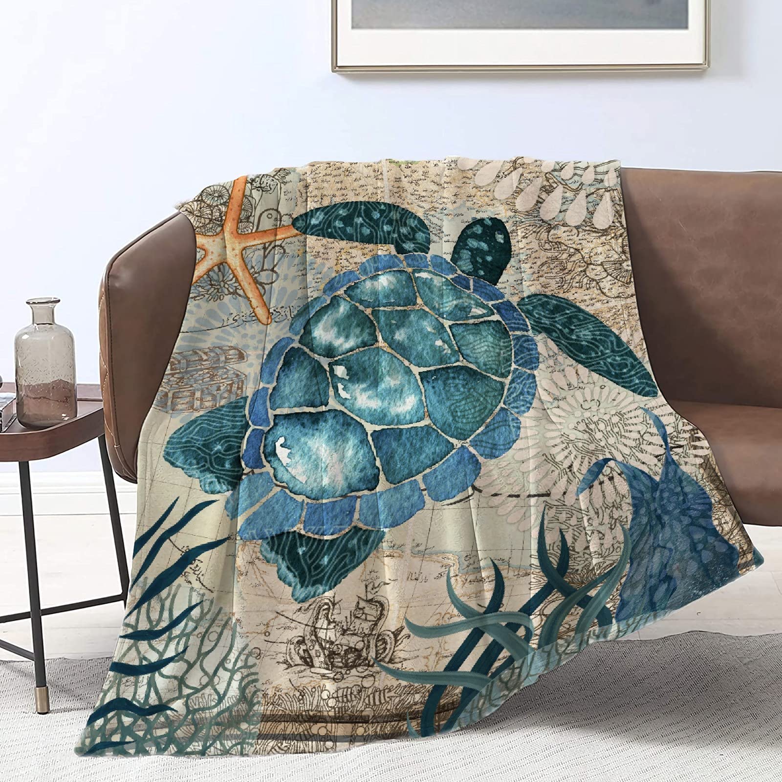 Todeyya Sea Turtle Ocean Animal Print Retro Throw Blanket - ?Super Soft Flannel Fleece Blanket for Gifts, Plush Lightweight Fuzzy Cozy Blanket for Couch Sofa Bed All Season M 60