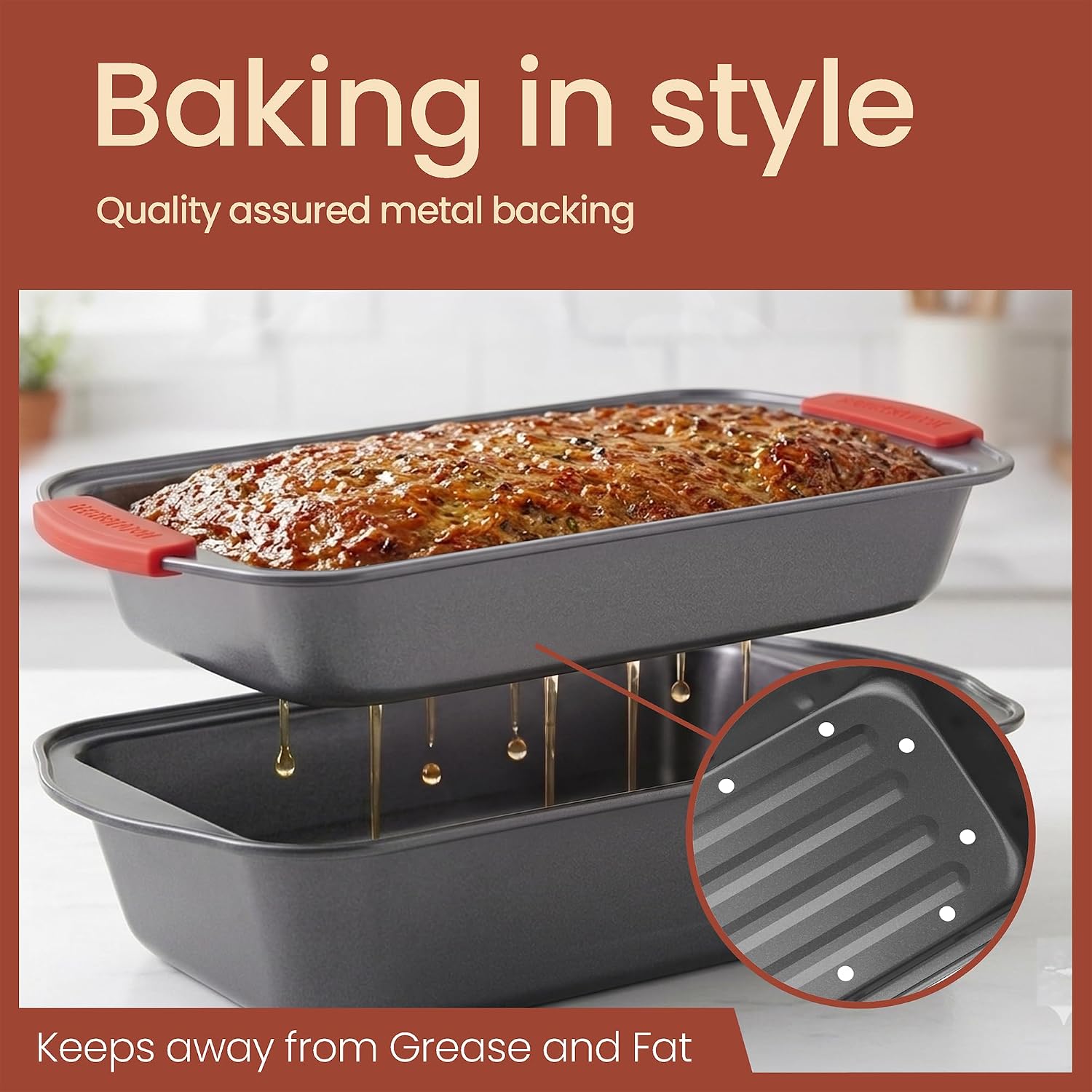 BAKKEN 2-Piece Meatloaf Pan Set - Nonstick Carbon Steel Loaf Pan for Baking Bread with Slotted Drip Tray Grease Drainer, Healthy Cooking Oven Baking Dish with Red Silicone Grip